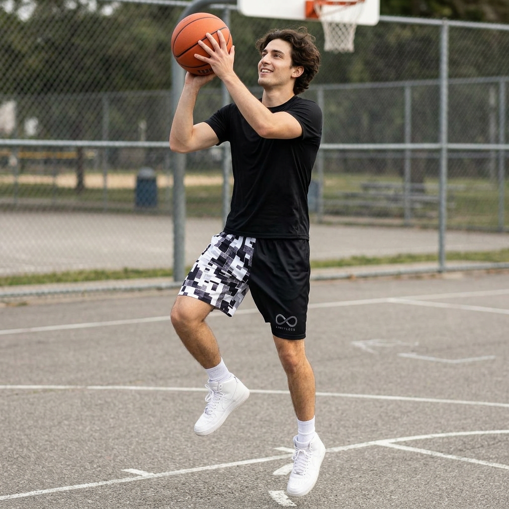 “ Limitless” 50/50 Basketball Shorts (Black & White 2)